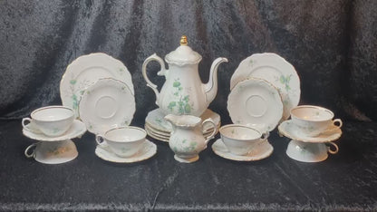 Elegant Scalloped Winterling China Tea Set ft Gold Trim - Green Chrysanthemums - 6 Servings - 21 pc - Pompadour